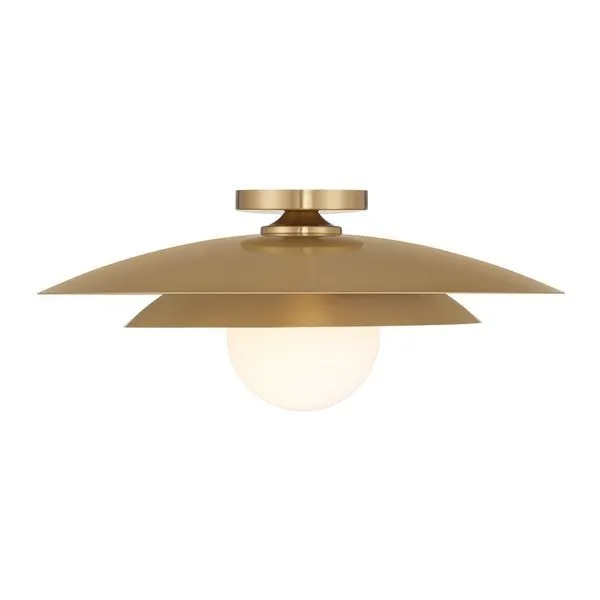 Warm Brass Sherrer 1-light ceiling semi-flush mount with louvered metal shade and white opal glass globe