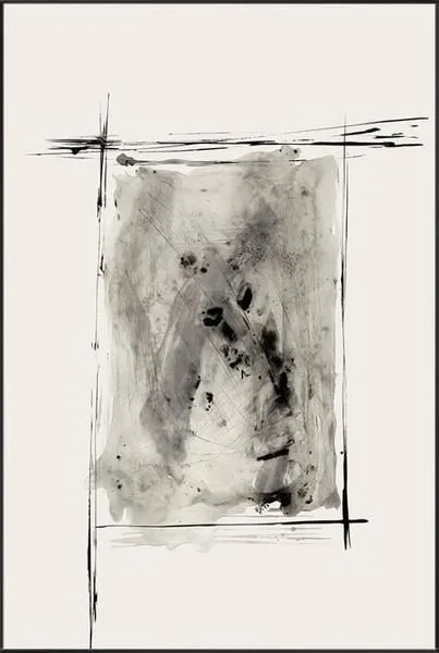 abstract painting Distant Imagination II with black and gray watercolor brush strokes framed by fine black lines on a whit...