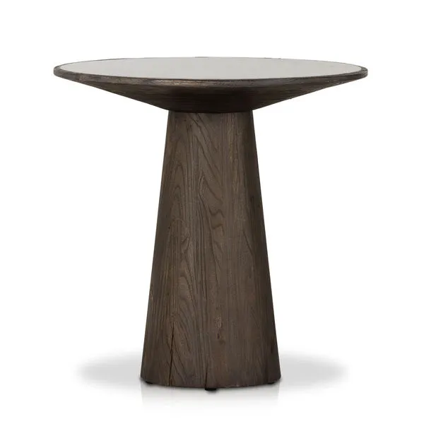Round weathered dark elm end table with tapered cylindrical base and smooth wooden surface
