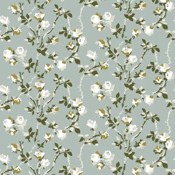 Close-up showing detailed white roses and green thorny vines pattern on ash blue matte wallpaper