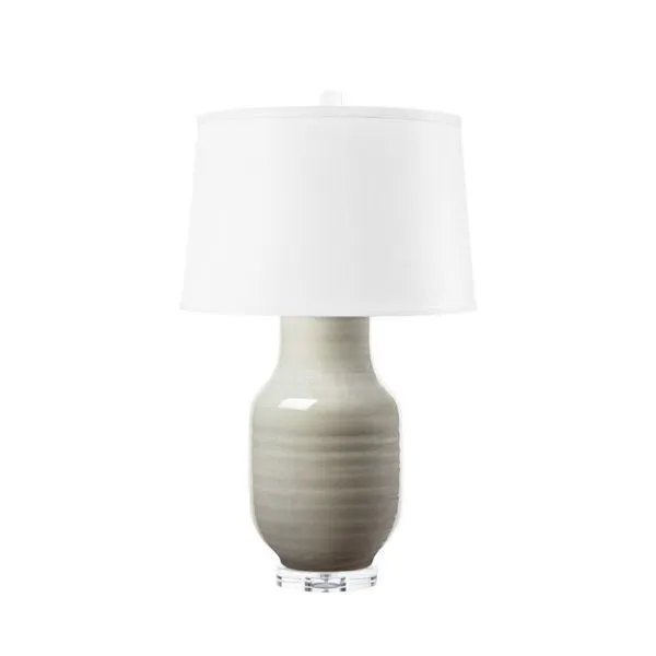 Positano Lamp with graceful baluster ceramic base in variegated gray glaze and white drum shade on clear acrylic base