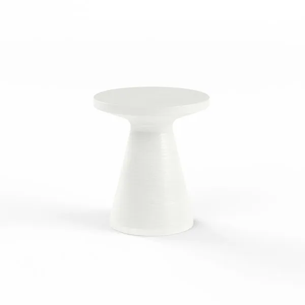 White glass fiber reinforced concrete round end table with tapered conical base and smooth surface