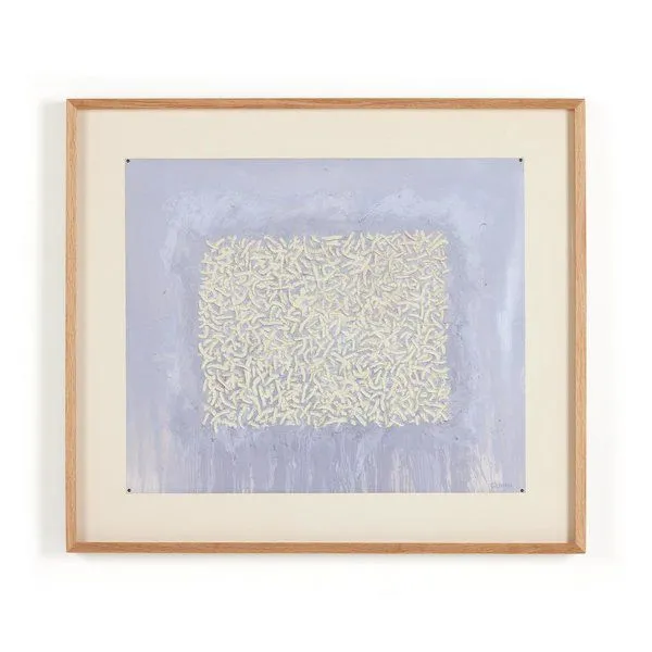abstract painting The Way Of The Shepherd No. 1 with textured cream squiggles on a muted lavender background, framed in na...
