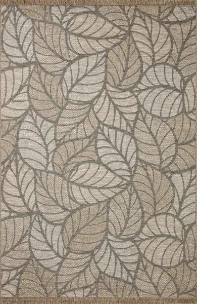 Round indoor/outdoor rug with beige and taupe leaf pattern and fringe edges, 7'8" diameter