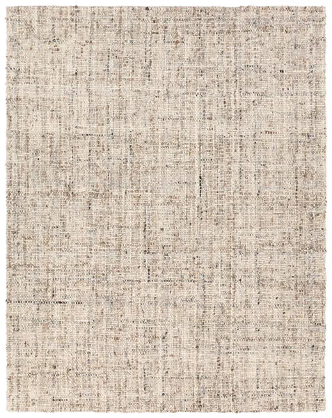 Hand-woven area rug with chunky knit weave and tweed-inspired texture in tan, cream, gray, and black