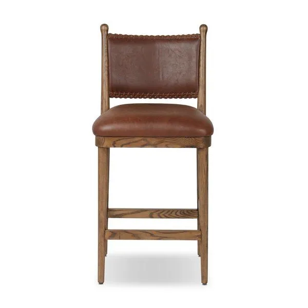 Bella Bar + Counter Stool in mahogany leather with antique walnut frame and curved legs, front view