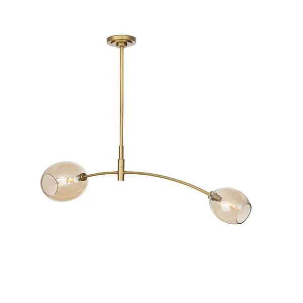 Artemis Natural Brass Double Pendant featuring an arched brass arm with two champagne glass globes at each end