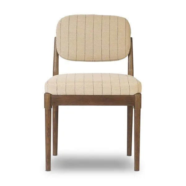 Esther Dining Chair with brown oak frame and beige linen-cotton blend pinstripe cushioning, armless and cushioned seat and...