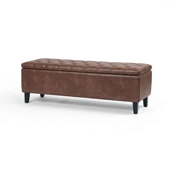 Jefferson Trunk in vintage tobacco faux leather with tufted top and black tapered legs for storage
