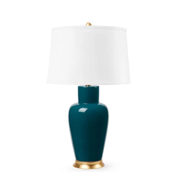 Kylie Lamp table lamp in dark teal glazed porcelain with white fabric shade and gold-tone base