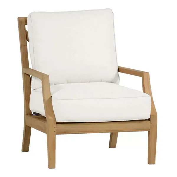 Haley Teak Lounge Chair with natural wood frame and thick off-white cushions for outdoor use