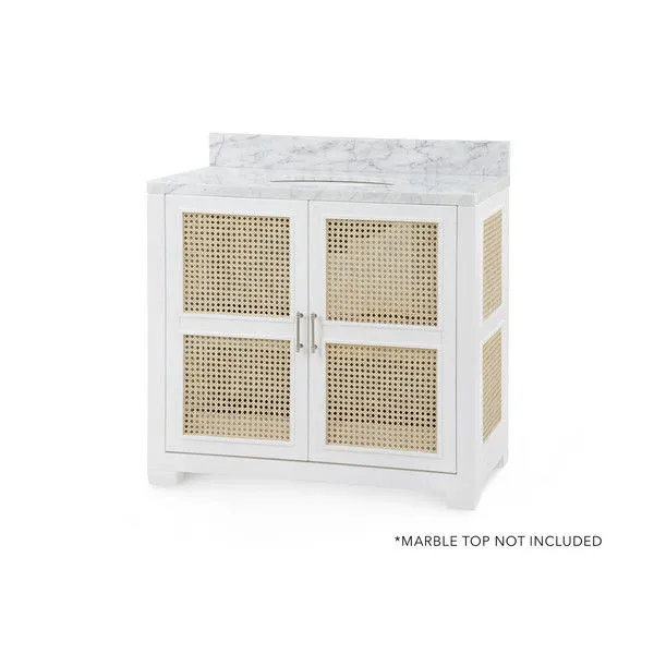 Ariel 2-Door Cabinet with white lacquered frame and handwoven bleached cane panels, polished nickel pulls on two doors