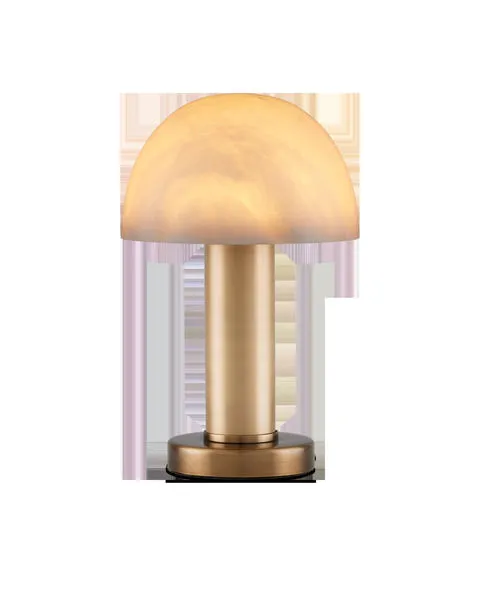 La Gravite Mini Table Lamp with brass-finished stainless steel base and domed alabaster shade