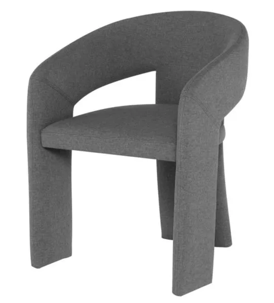 Anise Dining Chair in shale grey polyester with curved backrest and armrest, thick padded seat and legs