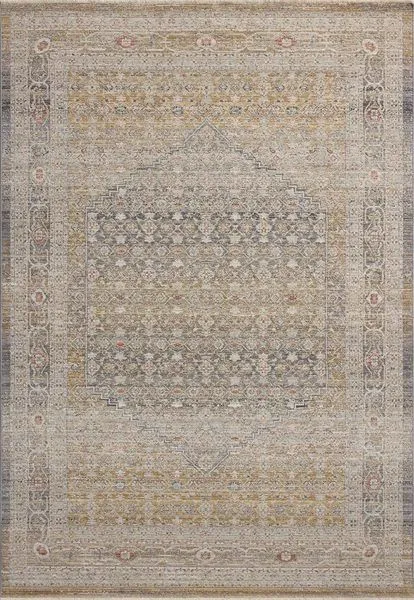 Vintage-inspired traditional rug with soft textured pile, subtle distressing, and earthy gold and gray hues