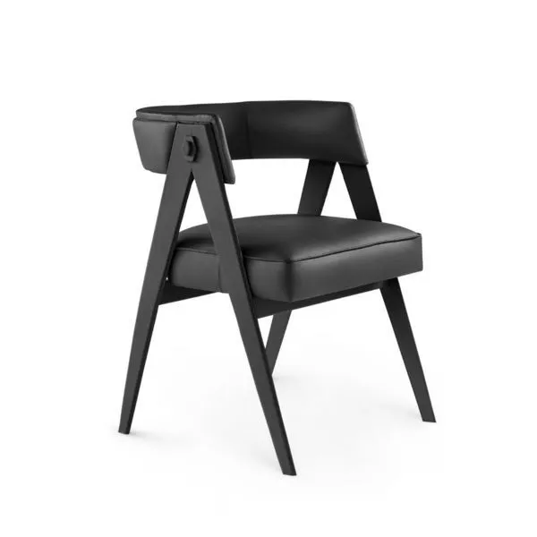 Black leather upholstered armchair with angled wooden legs and wrap-around backrest