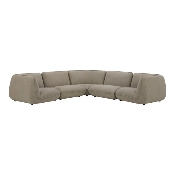 L-shaped modular sectional sofa with low-slung 70's inspired silhouette in soft taupe fabric