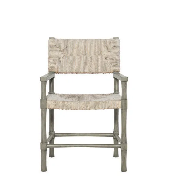 Front view showing square armrests and detailed woven backrest on Palma arm chair