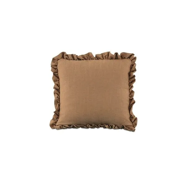 Square Betty Cushion pillow in warm brown linen-blend fabric with soft ruffled edges and plush feather insert