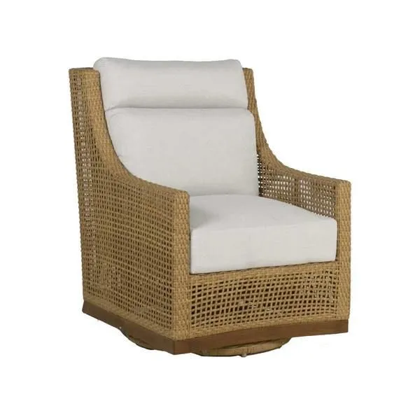 Peninsula Swivel Glide Chair with tan N-Dura resin wicker and light beige cushioned seat and backrest