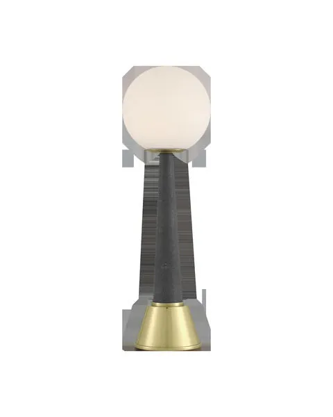 Sortie Brass Cordless Table Lamp with dark gray faux shagreen telescoping body, brass finish base, and frosted glass globe