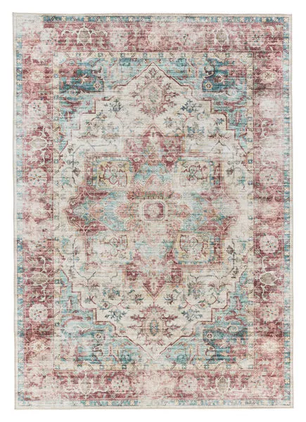 Traditional dark red and teal floral medallion rug with beige and gold accents in a distressed finish