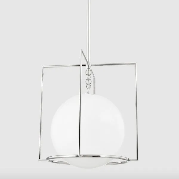 Full side view of pendant hanging straight with chrome frame around white spherical shade