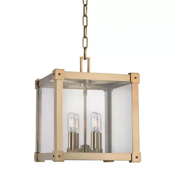 Forsyth 4 Light Pendant with brushed nickel square frame and clear glass panels, four exposed bulbs inside