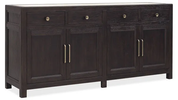 Driftwood Buffet in Burnt Timber finish with dark wood grain, four soft-close doors and four drawers, stone inset top