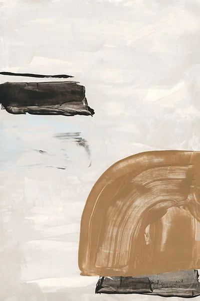 Abstract painting with broad brown arch shape and black horizontal strokes on a light, textured background