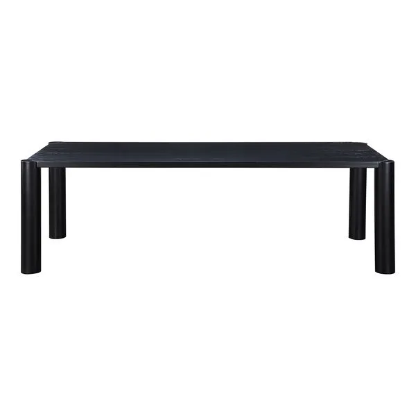 Post dining table in blackened oak with round posts on each corner and visible wood grain