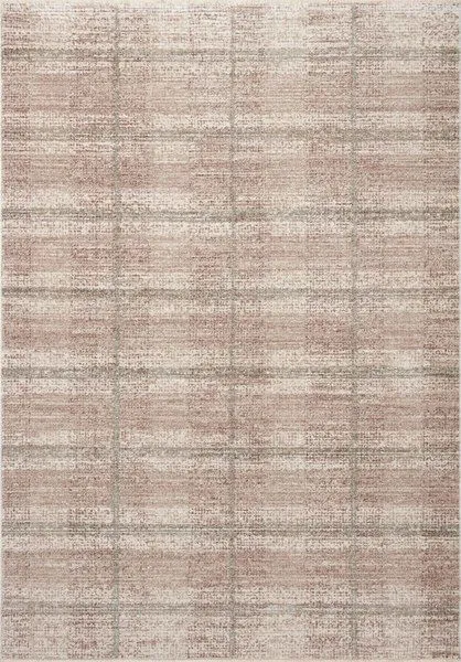 Ember Clay / Mist flatweave area rug with a soft plaid pattern in muted beige, cream, and gray tones