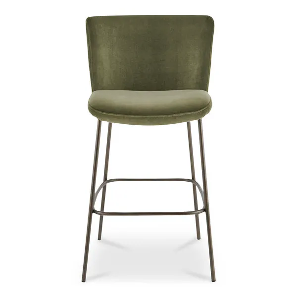 Early bar stool with olive green faux mohair seat and curved back on blackened bronze slim metal frame