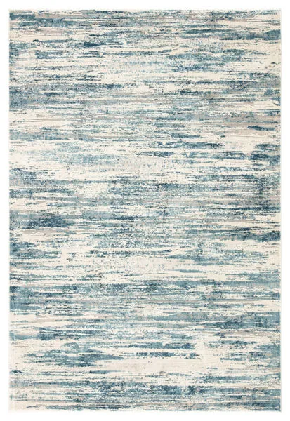 Power-loomed Heaston Abstract Blue Ivory Rug with painterly horizontal stripes in blue, ivory, and gray
