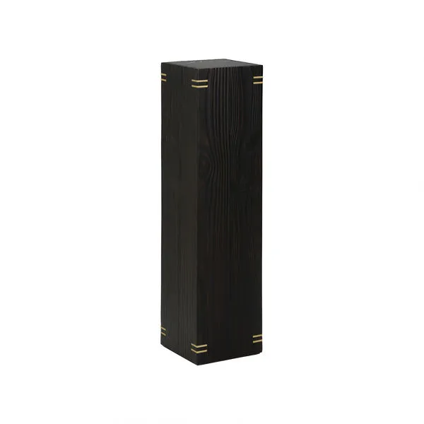Tall rectangular pedestal table with charred pine finish, brass corner accents, and a smooth top