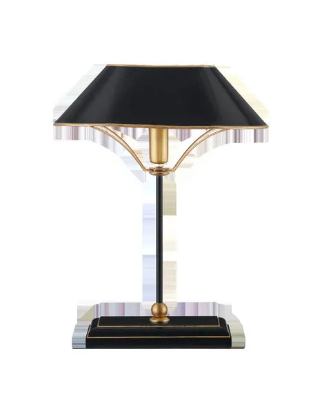 Daphne Black Table Lamp with black oval shade trimmed in gold, slender black stem, and rectangular black base with gold ac...
