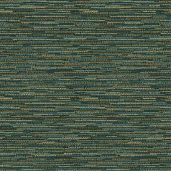 Woven grasscloth wallpaper in teal and subtle yellow stripes creating a textured, opulent look