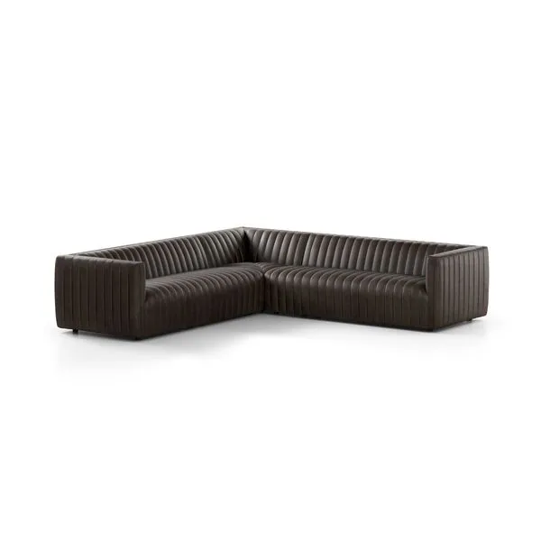 Augistine 105 inch 3-piece sectional in dark brown top grain leather with channeled upholstery and modern menswear-inspire...
