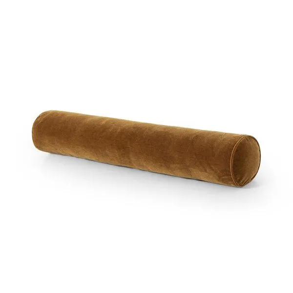 Long tobacco-toned bolster pillow in saturated wool velvet with smooth cylindrical shape