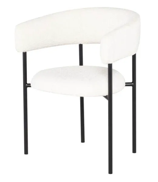 Cassia Dining Chair in buttermilk boucle fabric with high curved back and slender black metal legs