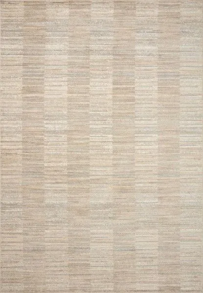 Neutral area rug with wide, heathered stripes in natural and pebble tones, featuring subtle ribbed texture