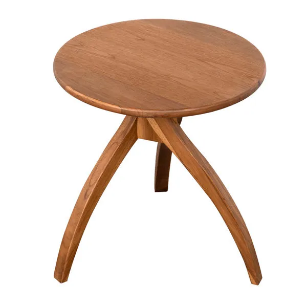Round Vikram Side Table in premium teak wood with three elegant curved legs and clear coat flat finish