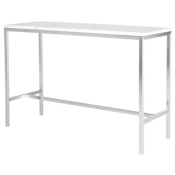 Full side angle showing the metal frame structure and support bars of Verona Bar Table