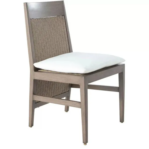 Savannah Aluminum Oak/Raffia Extended Back Side Chair with woven raffia back and seat, oak-colored aluminum frame, white s...