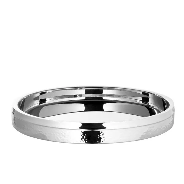 Round Nassau stainless steel tray with polished silver finish and hammered-texture rim edge