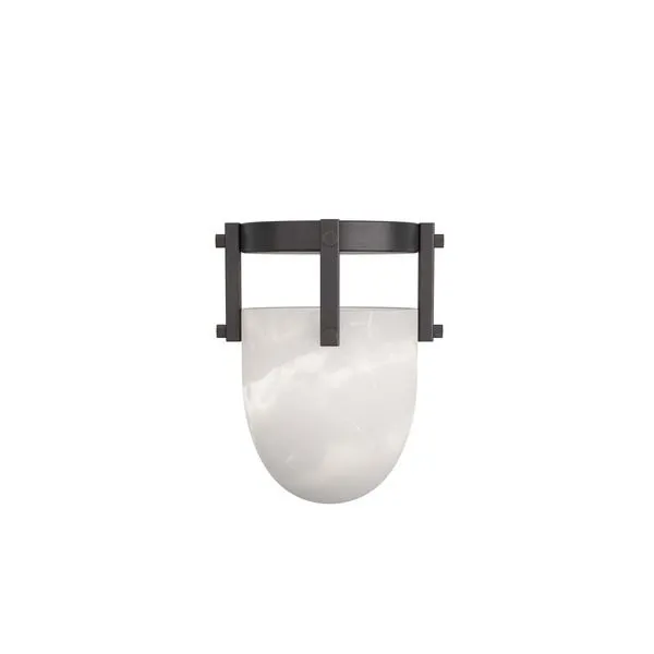 Straight-on view of flush mount showing full alabaster dome and iron frame from front