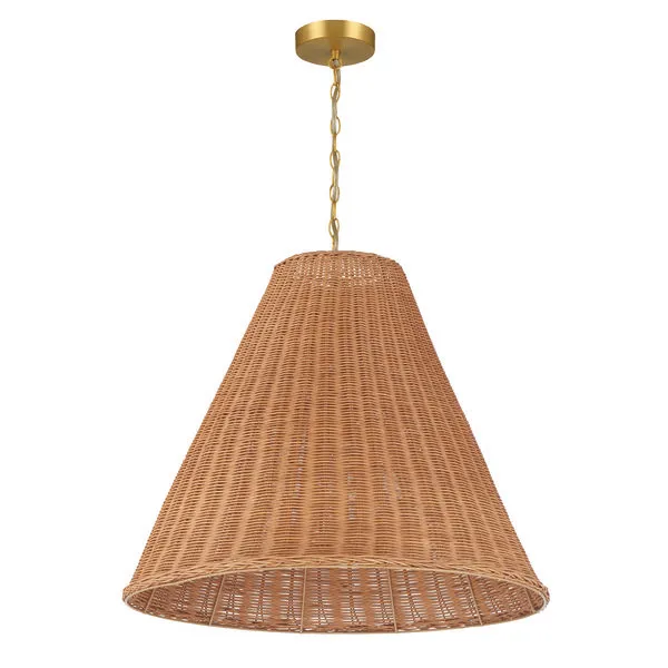 Bell-shaped pendant light handwoven from natural rattan with warm brown tone and brass ceiling mount