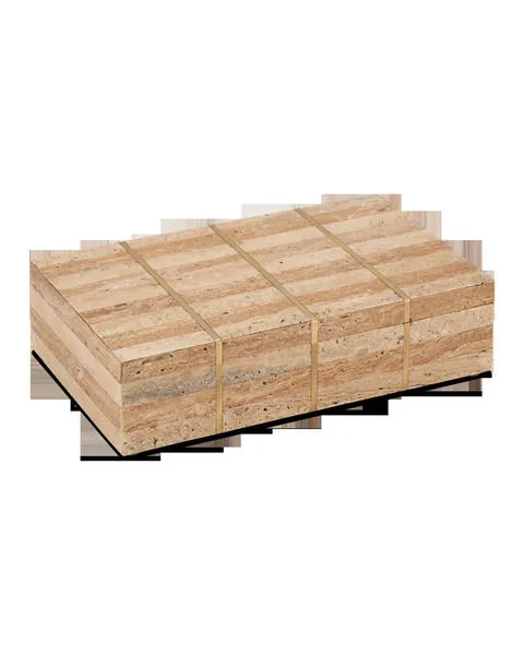 Rectangular decorative box made of natural travertine tiles with stacked dark and light tones and brass inlay accents