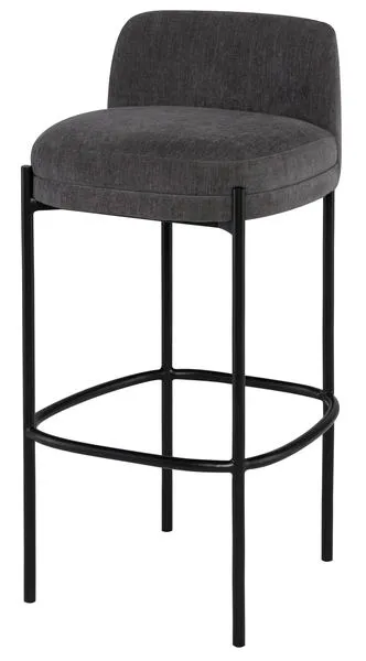 Modern Inna bar stool with backrest, charcoal gray polyester upholstery and slim black metal frame