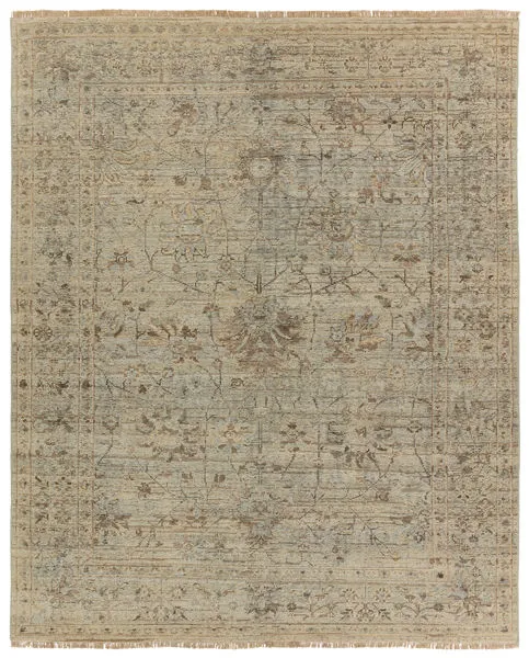 Tilda hand-knotted area rug in green and tan with a faded floral pattern and decorative border, 9 by 12 feet